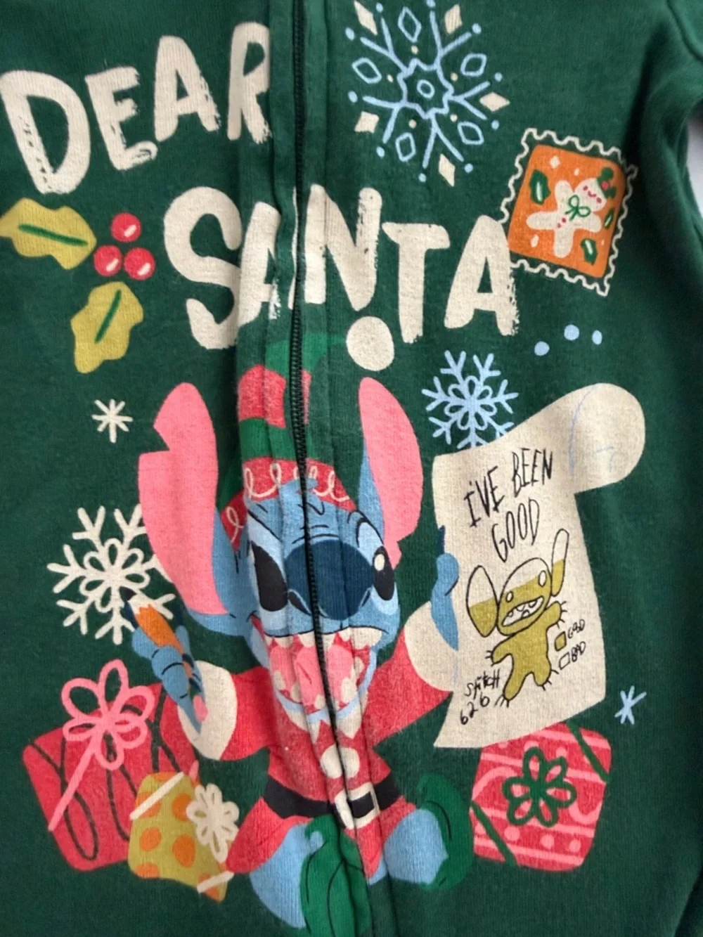 Disney Green and Red Lilo & Stitch 'Dear Santa' Footed One-Piece - Picture 2 of 6